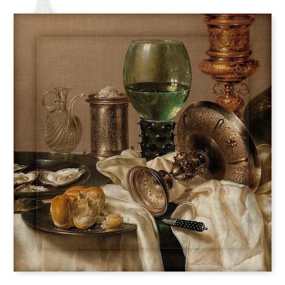 Pot Holder, linen pot holder, Still Life with a Gilt Cup, details by Willem Claesz. Heda, 1635.