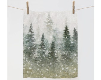 Torchon, Paysage de Noël magique, Noël aquarelle, serviette en lin, 100 % lin, serviette de Noël