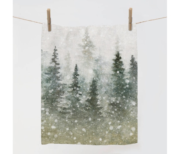 Kitchen towel, Magical Christmas landscape, Watercolor Christmas, linen towel, 100% linen, Christmas towel