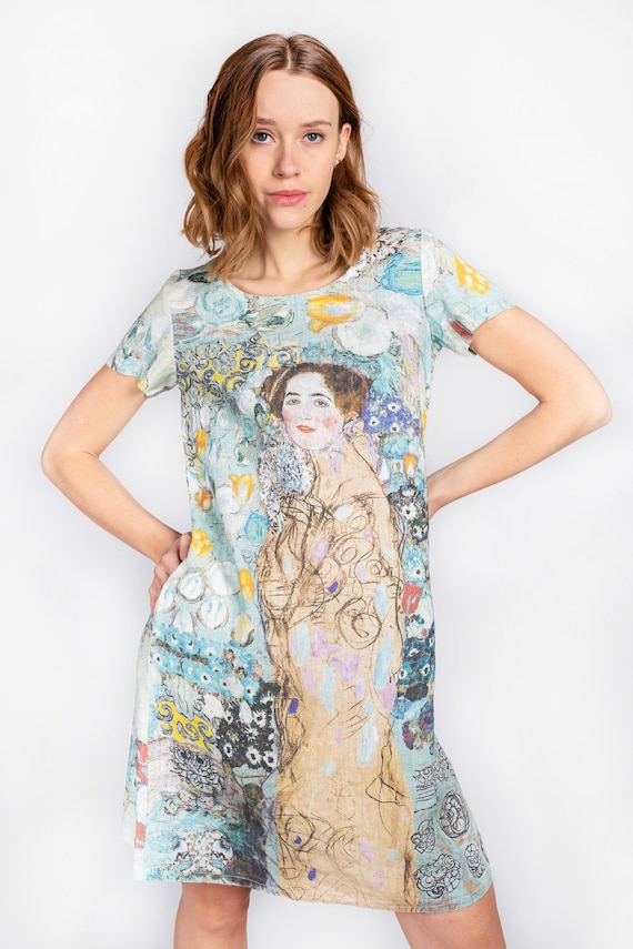 Gustav Klimt, Portrait of Maria Munk, linen dress, dress 3/4 sleeves, short sleeves dress, side pockets, 100% linen, hand made in Lithuania