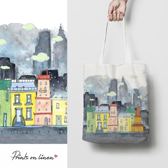 Tote bag, linen bag, city bag, art print, shoulder bag, linen tote bag, 100% linen, custom tote