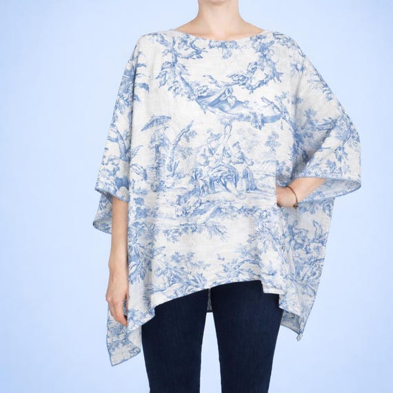 Toile de Jouy Linen Tunic Top, Boho Blouse, 100% linen, Blue