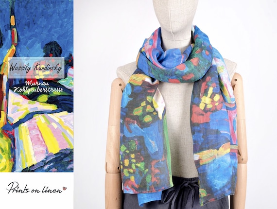 Women Scarf, W. Kandinsky, Murnau, linen scarf, linen shawl, 27x76, hand made in Lithuania, 100% linen fabric