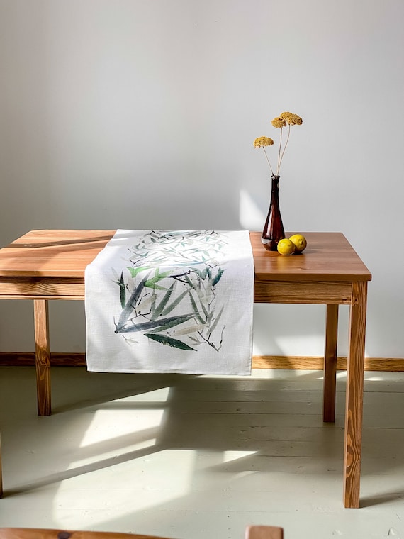 Table runner, bamboo, housewarming gift, japan minimalism, home decor, green decor, wabi sabi, bamboo print, 100% linen, gift for friend