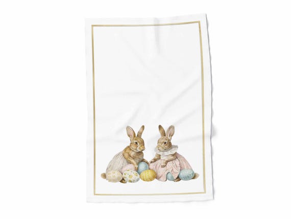 Linen Easter Towel, Two Bunnies with Easter Eggs, Kitchen Decor, 100% Linen