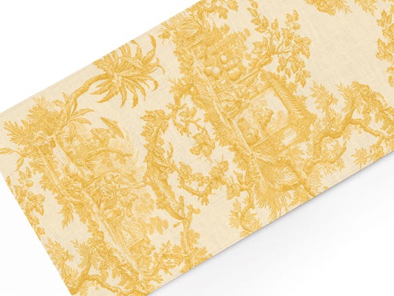 Yellow Toile de Jouy Linen Table Runner, French Country Decor
