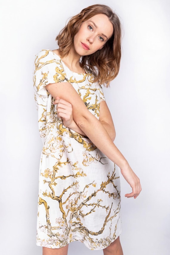 Almond Blossom Linen Dress, Van Gogh Art Print, White Edition, Handmade, 100% linen