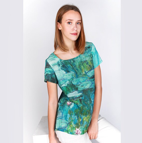 Art shirt, Claude Monet, Water Lilies, Linen top, Linen Shirt Short Sleeves, Natural Linen Shirt, summer shirt, linen blouse, women shirt