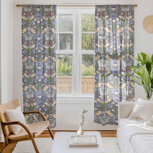 Gordijnen voor woonkamer, William Morris, The Strawberry Thief, Vogelgordijnen, linnen gordijnen, 100% linnen, gordijnen