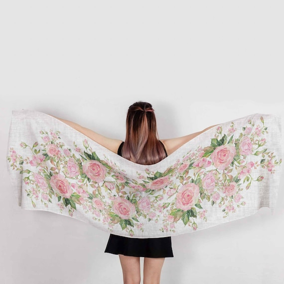 Linen Scarf, Eternal Bloom, Elegant Artistry for Timeless Style, toile de Jouy, 100% linen