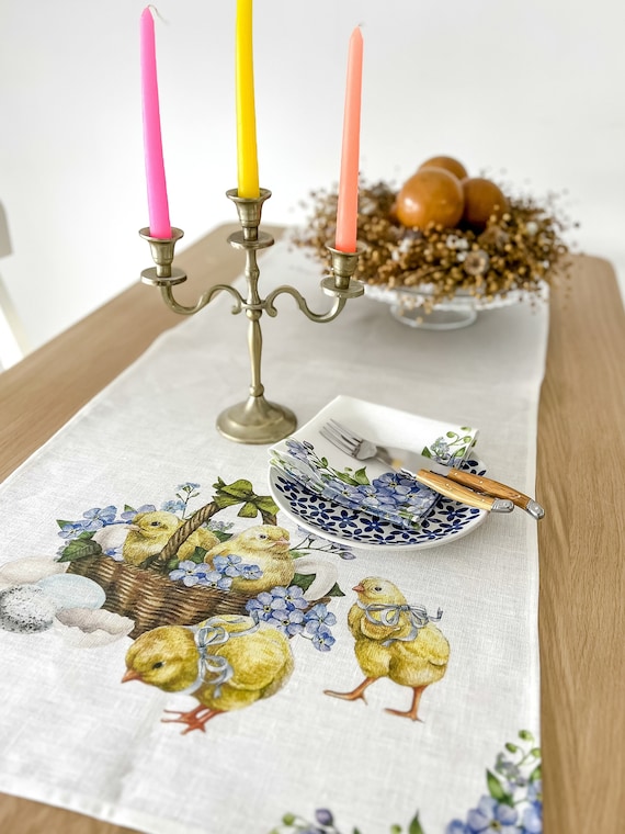 Table runner, Easter Basket, white egg and blue flowers print, baby chick bird print, vintage water can, fabric table runner, 100% linen