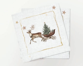 Servilletas navideñas de lino, diseño de carruaje de invierno, decoración de mesa navideña, vintage, minimalista, 100 % lino.