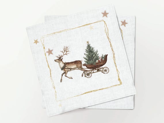 Linen Christmas Napkins Set, Winter Carriage, Christmas Design, Holiday Table Decor, Vintage, Minimalistic, 100% linen