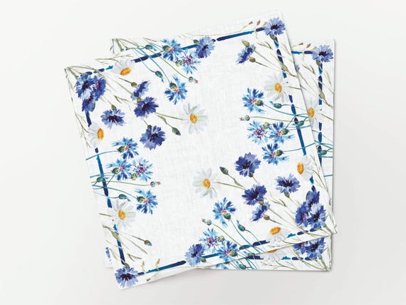 Linen Napkin Set, Cornflower, Floral Art Print, 100% linen