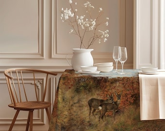 Linen Tablecloth, Roe Deer with Autumn Leaves by Josef Schmitzberger, Vintage Design, 100% Linen, Fall Home Decor