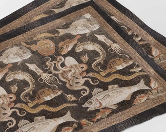 May include: A detailed mosaic depicting a variety of sea creatures, including an octopus, fish, and a squid. The mosaic is set against a dark background and features a variety of colors, including white, brown, and black.