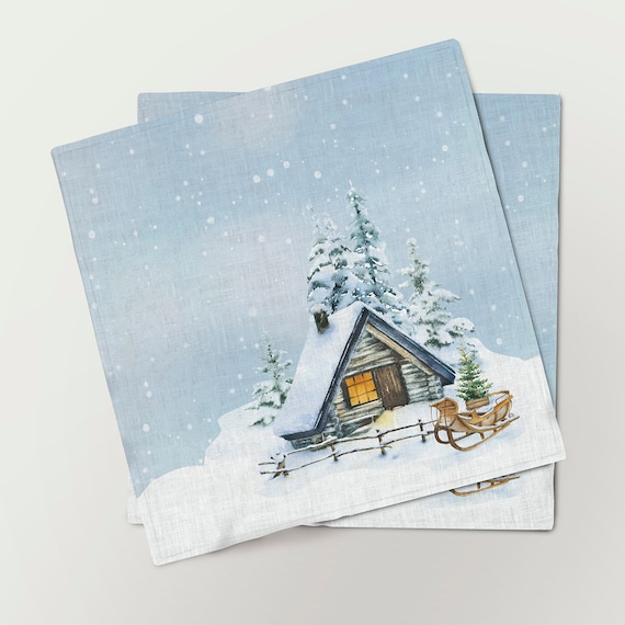 Christmas napkins, Winter landscape with a small wooden winter house I, linen napkins, 100% linen, Christmas decor, fabric napkins