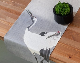 Table runner, Twee kraanvogels, Ohara Koson, linen table runner, minimal design, wabi sabi, wabi sabi home, Cranes, 100% linen fabric