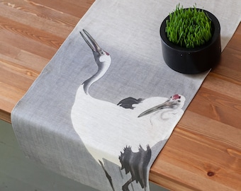 Table runner, Twee kraanvogels, Ohara Koson, linen table runner, minimal design, wabi sabi, wabi sabi home, Cranes, 100% linen fabric