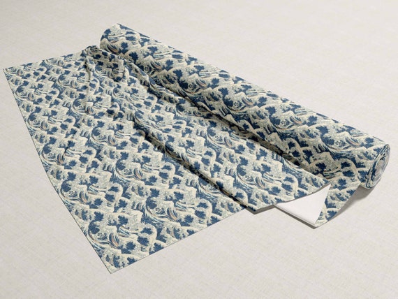 Wide Fabric, Hokusai Wave Linen Fabric, Japanese Textile By The Yard