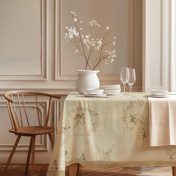 Linen Tablecloth "Doves and Flower Garlands"  Vintage pattern, 100% linen