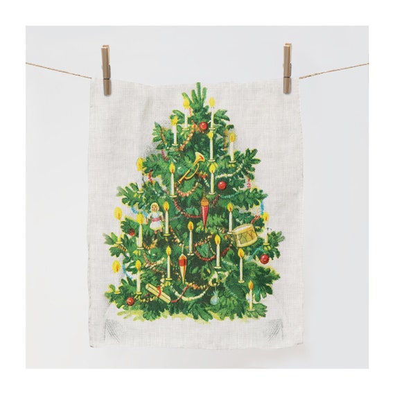 Linen towel, Christmas Greetings, dish towel, 100% linen, Vintage towel, Christmas tree, Christmas towel