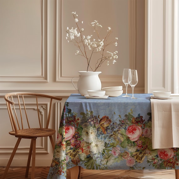 Tablecloth, Gerard van Spaendonck, Vintage flower pattern, Blue Edition, 100% linen, Farmhouse decor
