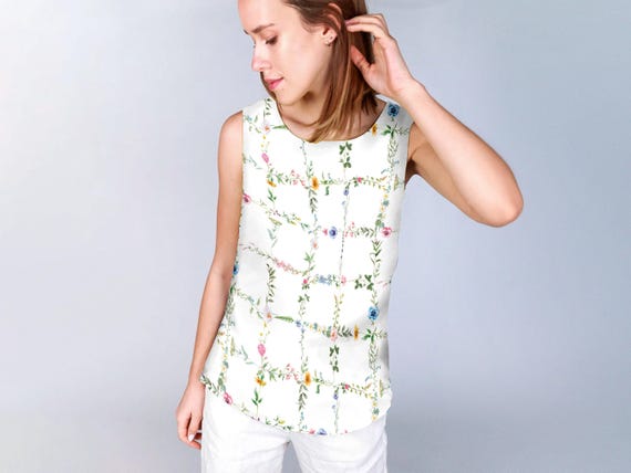 Linen top, Charming Floral Tile Design, women blouse, linen shirt, 100% linen, tank top