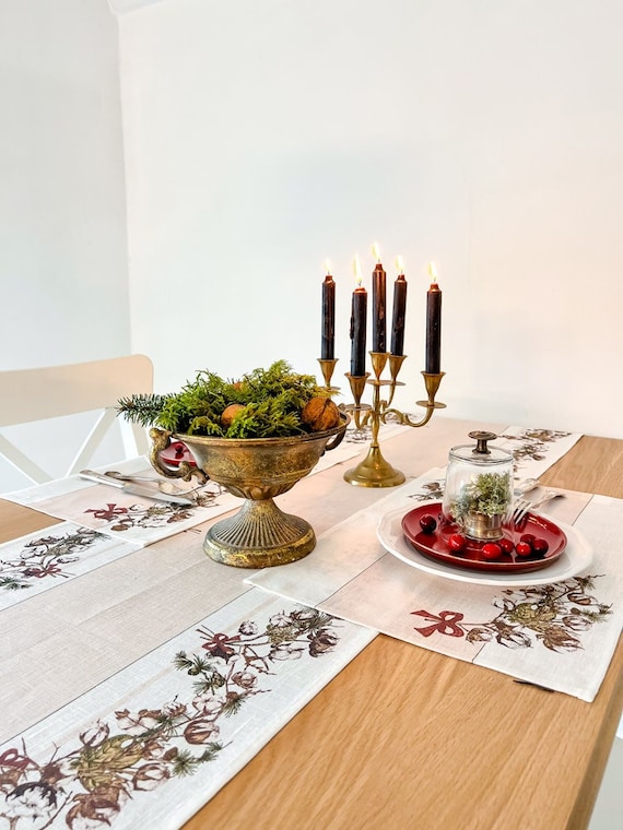 Botanical Christmas Linen Table Runner, Holiday Table Decor