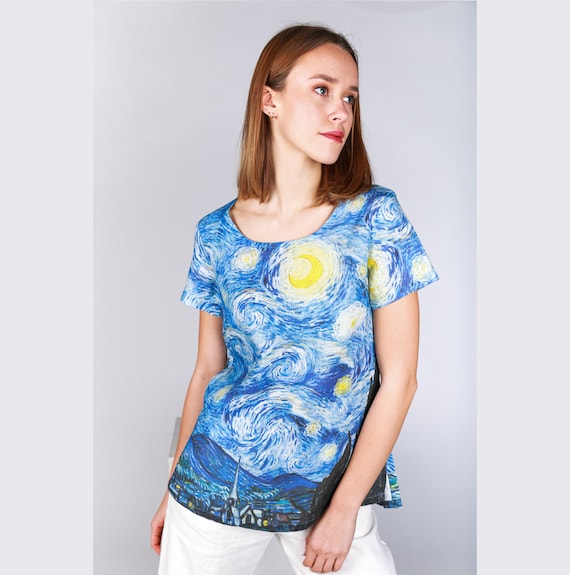 Starry Night, Vincent van Gogh, linen top, linen women shirt, 100% linen, Van Gogh shirt, linen summer shirt, lady shirt, plus size shirt