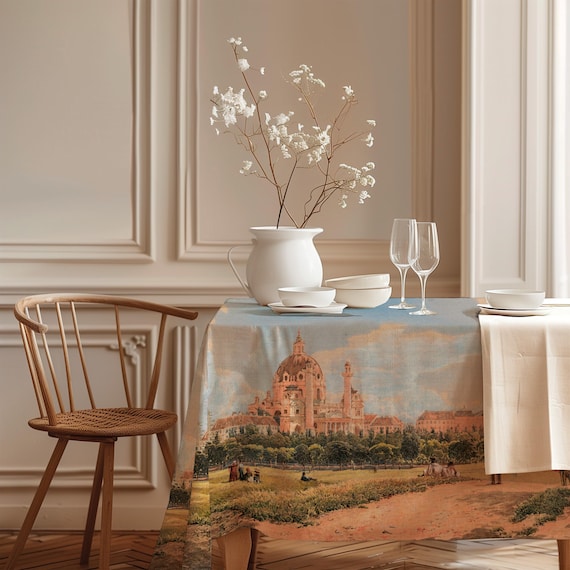 Linen Tablecloth, View of St. Charles Church and the Polytechnic Institute in Vienna, Vintage Design, 100% linen
