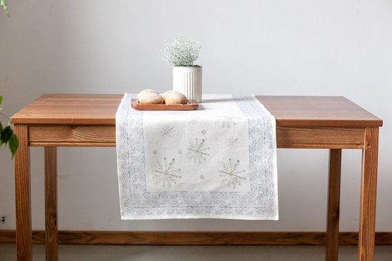 Table runner, Snow flakes, holiday decor, Christmas table runner,  linen table runner, wabi sabi, housewarming gift, Christmas gift, linen