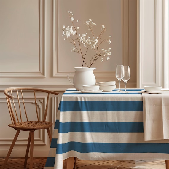 Wide Linen Tablecloth, Ocean Blue Stripes, 100% linen fabric