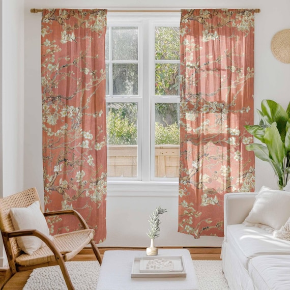 Curtains, Van Gogh, Almond Blossom, Copper red color, linen curtains, 100% linen, rod pocket, Custom curtains, window curtains