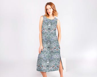 Linen Dress, William Morris Strawberry Thief Print, Sleeveless
