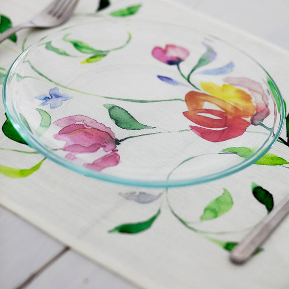 Placemats set, watercolor flowers, linen, placemats and napkins, placemats set of 6, linen placemats, fabric placemats, farmhouse placemats