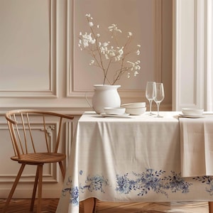 Tablecloth with small blue flowers art, Linen tablecloth, farmhouse decor, rectangle tablecloth, 100% linen fabric