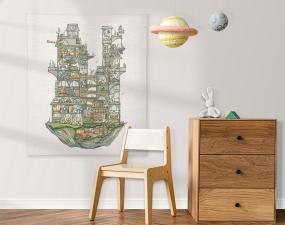 Tapestry, Floating city, Kids room, Bunny, Wall Art, Nursery, 100% linen, Fabric Wall Hanging, Tapestry, linen Wall Hang, Wall Decoration,