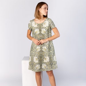 William Morris, linen dress, women dress, Pimpernel, 100% linen, side pockets, plus size dress, dress with 3/4 sleeves, hand made dress
