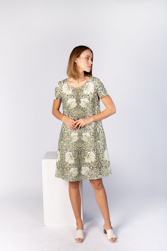 William Morris, linen dress, women dress, Pimpernel, 100% linen, side pockets, plus size dress, dress with 3/4 sleeves, hand made dress