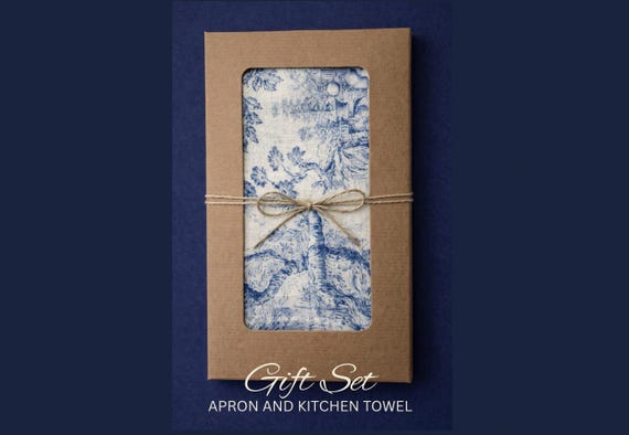 Linen Apron and Kitchen Towel Gift Set, Toile de Jouy, 100% linen.