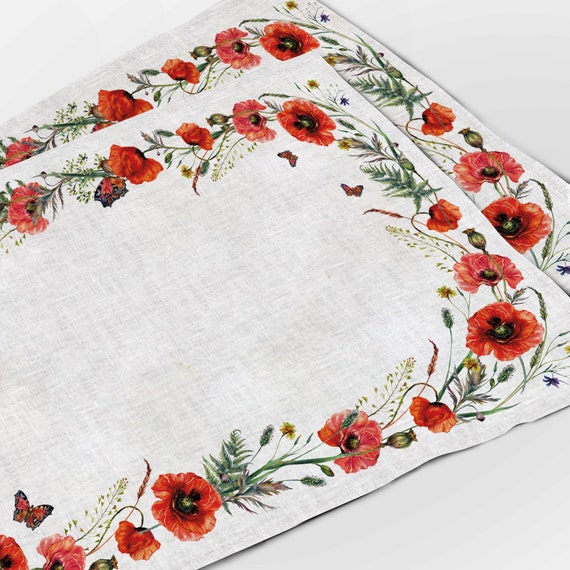 Placemats, Wild Poppies, Plant placemats, 100% linen, linen placemats, wholesale placemats, red linen placemats