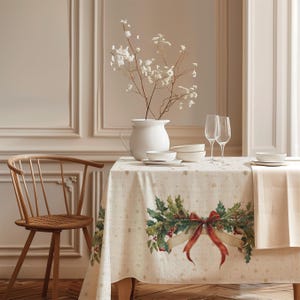 Può includere: Una tovaglia color crema con una stampa festiva di foglie di agrifoglio verdi, bacche rosse e un fiocco rosso. La tavola è apparecchiata con una brocca bianca contenente fiori bianchi, due flûte di vetro trasparente e ciotole bianche.