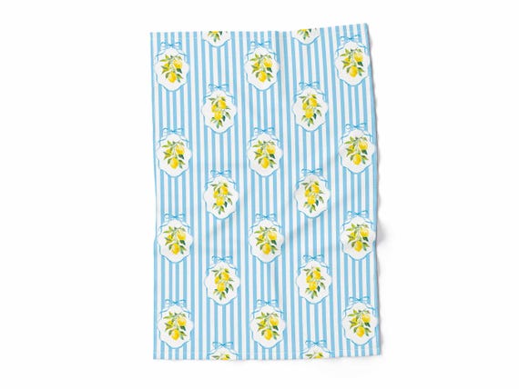 Dish towel, Summer Lemons & Blue Stripes, fabric towel, 100% linen