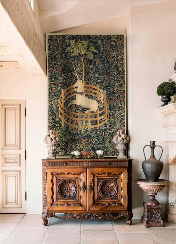 Linen Wall Tapestry, The Unicorn in Captivity, Gothic Home Decoration