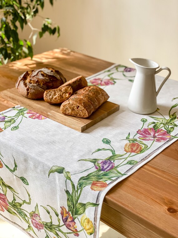 Runner Da Tavola Pasquale CIYIN – 33x182 Cm – Lino Con Stampa Tulipani E Coniglietti – Decorazione Primaverile