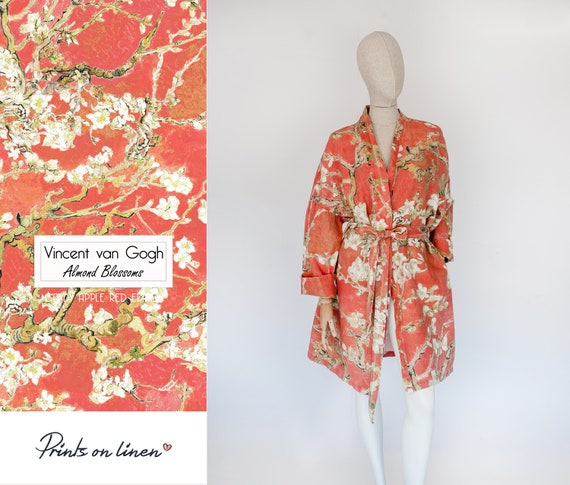 Kimono robe, Vincent van Gogh, kimono cardigan, bathrobe, Almond blossom, 100% linen, bridesmaid gift, Linen robe, linen, Linen bathrobe