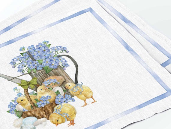 Placemats set, Easter Watering Can, linen placemats, Easter placemats, 100% linen, purple flowers and white eggs print