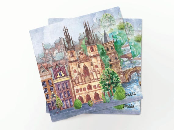 Napkins set of 4, Prague Cityscape Print, Czech Republic Decor, 100% Linen