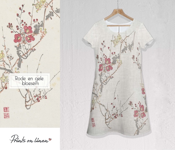 Linen dress, Rode en gele bloesem, 100% linen, dress with pockets, summer linen dress, Knee Length dress, soft linen dress, with pockets